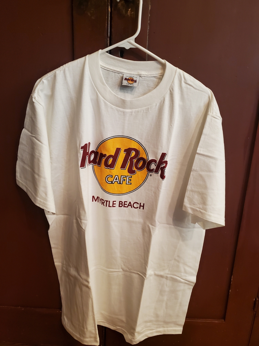 Hard Rock Cafe White T-Shirt with Yellow & Burgundy Logo